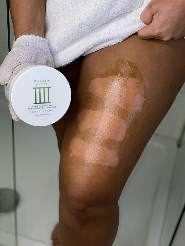 Rose and Caramel Purity Excel 60 Second Miracle Express Self Tan Remover Exfoliating Tan Eraser 440g fake tan remover, body scrub express tan eraser - Image 5