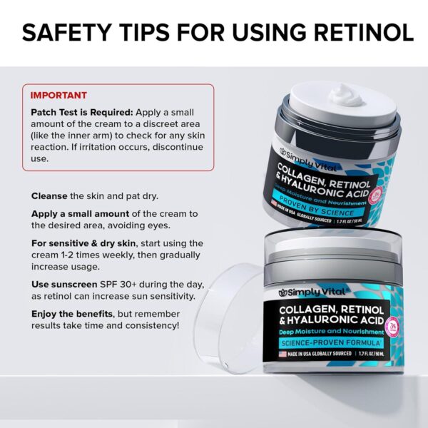 SimplyVital Collagen, Retinol and Hyaluronic Acid Cream - Anti-Aging Face Moisturizer for Face, Neck and Décolleté - Made in USA, Daily Moisturizer Face Cream - 1.7 fl.oz. - Image 6