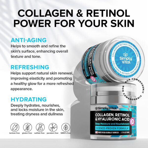 SimplyVital Collagen, Retinol and Hyaluronic Acid Cream - Anti-Aging Face Moisturizer for Face, Neck and Décolleté - Made in USA, Daily Moisturizer Face Cream - 1.7 fl.oz. - Image 3