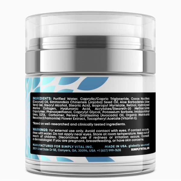 SimplyVital Collagen, Retinol and Hyaluronic Acid Cream - Anti-Aging Face Moisturizer for Face, Neck and Décolleté - Made in USA, Daily Moisturizer Face Cream - 1.7 fl.oz. - Image 9