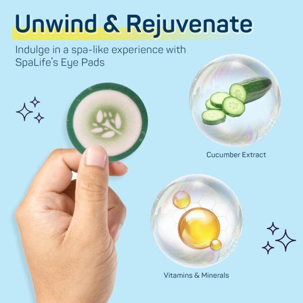 SpaLife Cooling Eye Pads - Korean Soothing Eye Pads for Dark Circles, Puffy Eyes, and Wrinkles - 48 Pads with Fruit + Vegetable Extracts - Revitalizing Hydrating Eye Pads for Eye Treatment (Cucumber) - Image 3