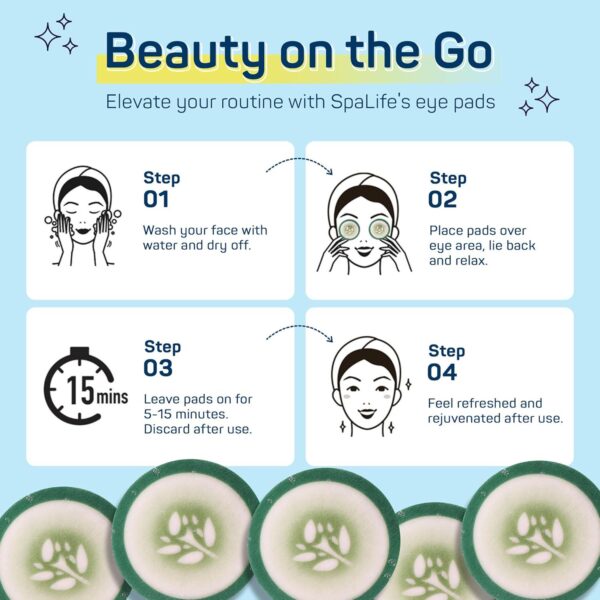 SpaLife Cooling Eye Pads - Korean Soothing Eye Pads for Dark Circles, Puffy Eyes, and Wrinkles - 48 Pads with Fruit + Vegetable Extracts - Revitalizing Hydrating Eye Pads for Eye Treatment (Cucumber) - Image 5