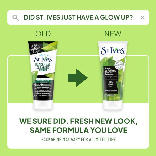St. Ives Blackhead Clearing Face Scrub, Clears Blackheads and Unclogs Pores, Green Tea and Bamboo, Salicylic Acid Acne Treatment Facial Scrub, Moderate Exfoliator Skin Care with Natural Exfoliants 6 oz - Image 3