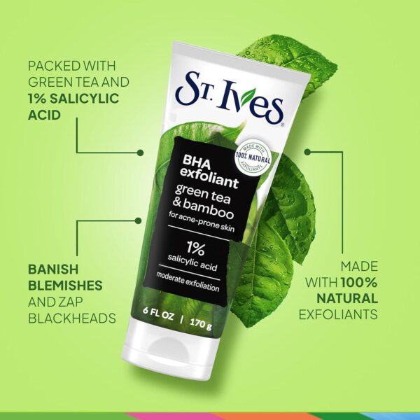St. Ives Blackhead Clearing Face Scrub, Clears Blackheads and Unclogs Pores, Green Tea and Bamboo, Salicylic Acid Acne Treatment Facial Scrub, Moderate Exfoliator Skin Care with Natural Exfoliants 6 oz - Image 4