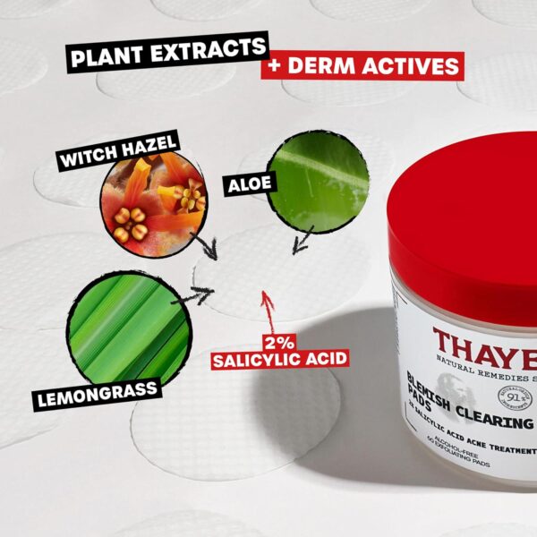 Thayers Blemish Clearing Acne Pads, Salicylic Acid Acne Treatment for Face, Pore Reducing, Exfoliating, and Soothing Skincare, Witch Hazel Toner Pads, 60 Ct - Image 3