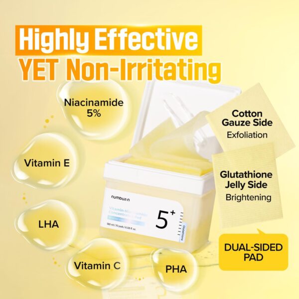numbuzin No.5+ Vitamin-Niacinamide Concentrated pad | Double- Sided Pad with Glutathione, Niacinamide, PHA and LHA | Exfoliation, Dark Spot, Hyperpigmentation Care | 180ml/70 Pads/6.08 Fl Oz - Image 5