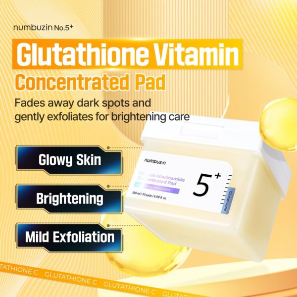 numbuzin No.5+ Vitamin-Niacinamide Concentrated pad | Double- Sided Pad with Glutathione, Niacinamide, PHA and LHA | Exfoliation, Dark Spot, Hyperpigmentation Care | 180ml/70 Pads/6.08 Fl Oz - Image 2